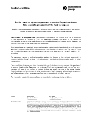 EssilorLuxottica 签署收购 Espansione 集团协议